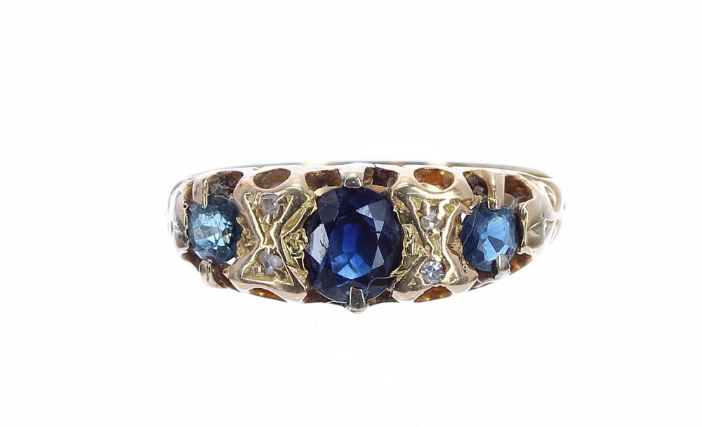 Edwardian 18ct claw set sapphire and diamond ring, 7mm, 2.5gm, ring size M