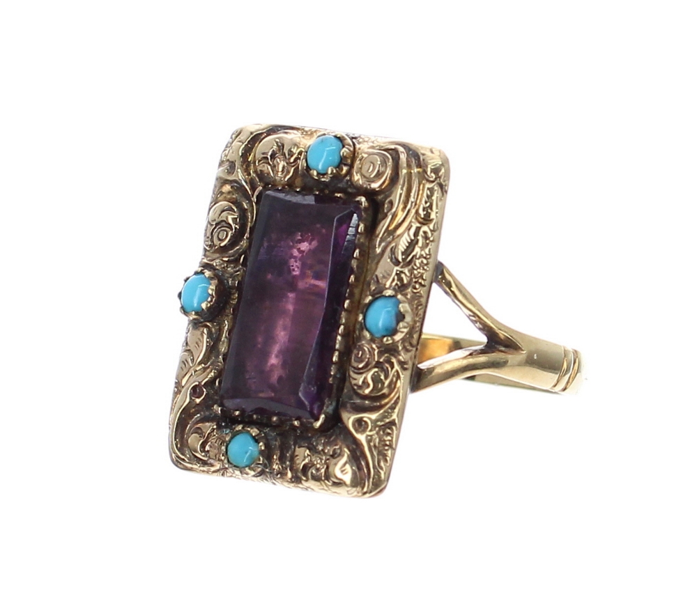 19th century amethyst and turquoise rectangular yellow metal ring, 18mm x 14mm, 3.4gm, ring size J/