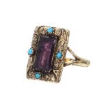 19th century amethyst and turquoise rectangular yellow metal ring, 18mm x 14mm, 3.4gm, ring size J/