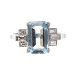 Platinum aquamarine and diamond set ring, the aquamarine 2.00ct approx, with baguette diamond set