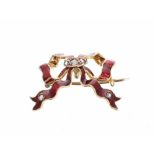 Attractive late Victorian gold and red enamel bow brooch, set with five rose-cut diamonds, 4.8gm,