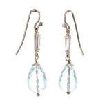 Pair of 18k white gold aquamarine and diamond drop earrings, each with a single baguette diamond