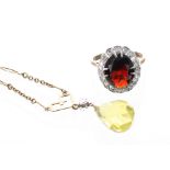 9ct stone set pendant on necklet; also a gem and diamond 9k oval cluster ring, ring size M