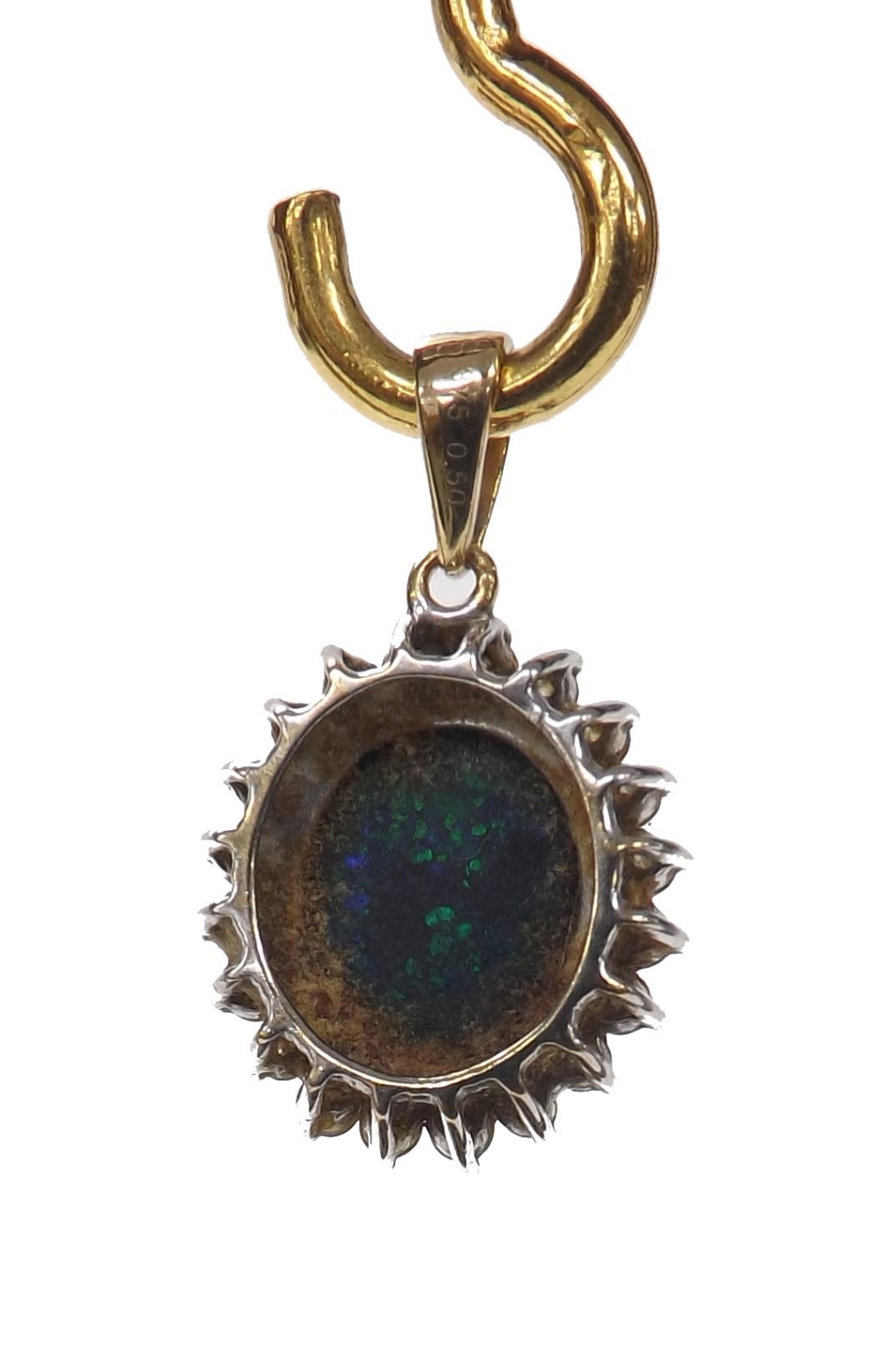 Cabouchon black opal and diamond oval 9ct pendant, the opal measuring 11mm x 10mm, depth 6mm, - Image 2 of 2