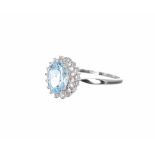Blue topaz and diamond 9k white gold oval cluster ring, cluster 12mm x 10mm, ring size Q