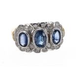 Victorian style 18k sapphire and diamond trilogy ring, with three oval blue sapphires in white metal