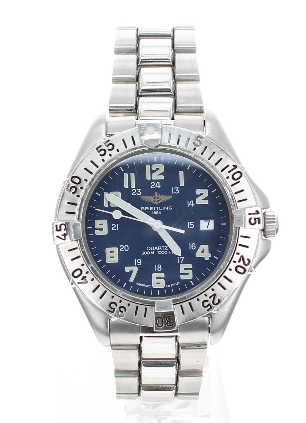 Breitling Quartz stainless steel gentleman's bracelet watch, ref. A50735, serial no. 8594, blue dial