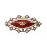 18k red enamel, pearl and diamond set elliptical brooch, 5.2gm, 34mm wide
