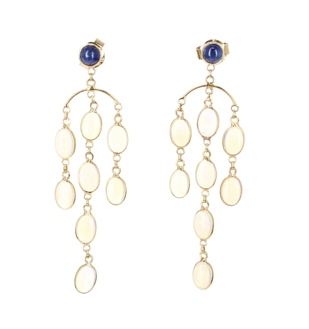 Pair of 14k sapphire and opal drop earrings, 2.8gm, drop 53mm approx