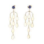 Pair of 14k sapphire and opal drop earrings, 2.8gm, drop 53mm approx