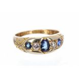 Edwardian 18ct sapphire and diamond five stone ring, Birmingham 1906, 7mm, 5.5gm, ring size M