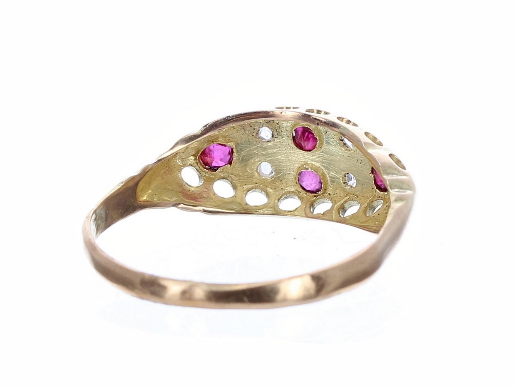 Late Victorian 22ct ruby and diamond boat shaped ring, London 1893, 7.5mm, 2.2gm, ring size O - Image 3 of 3