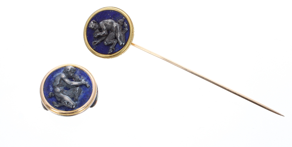 Lapis Lazuli stickpin signed Fannieré Fres on the handle verso, decorated in relief to the front