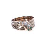 9ct rose gold emerald and diamond serpent ring, 4.6gm, width 12mm, ring size U/V