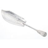 George III silver fish slice, with monogrammed fiddle handle and star pierced blade, maker William