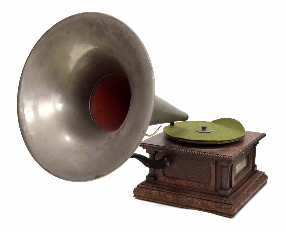 Vintage wind-up gramophone by The Gramophone & Typewriter Limited, with London retail plaque to