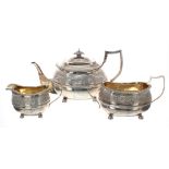 George III matched silver three piece tea set, comprising tea pot, 6.5" high, twin-handled sucrier