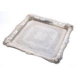 Edwardian square silver waiter with a pierced raised border, maker Joseph Rodgers & Sons,