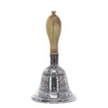 George III small silver table bell, with turned ivory handle and the bell with threaded bands, maker