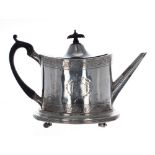 George III silver oval teapot on stand, with ebonised hardwood handle and finial to hinged lid,