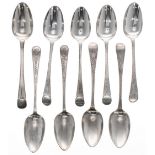 Nine Georgian silver serving spoons, London hallmarks, four by William Sumner 1783, 8.5" long, 16.