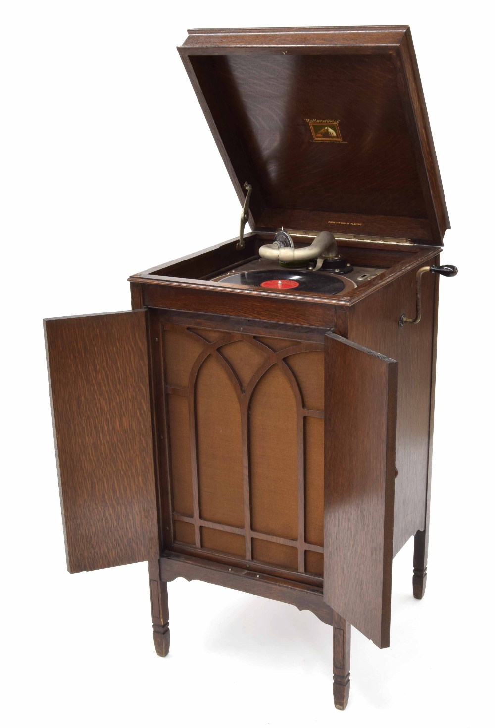 HMV wind-up cabinet gramophone with HMV no. 5A sound box, 37" high, 18.5" wide