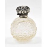 Edward VII silver mounted and cut glass globular scent bottle, the repousse hinged cover revealing