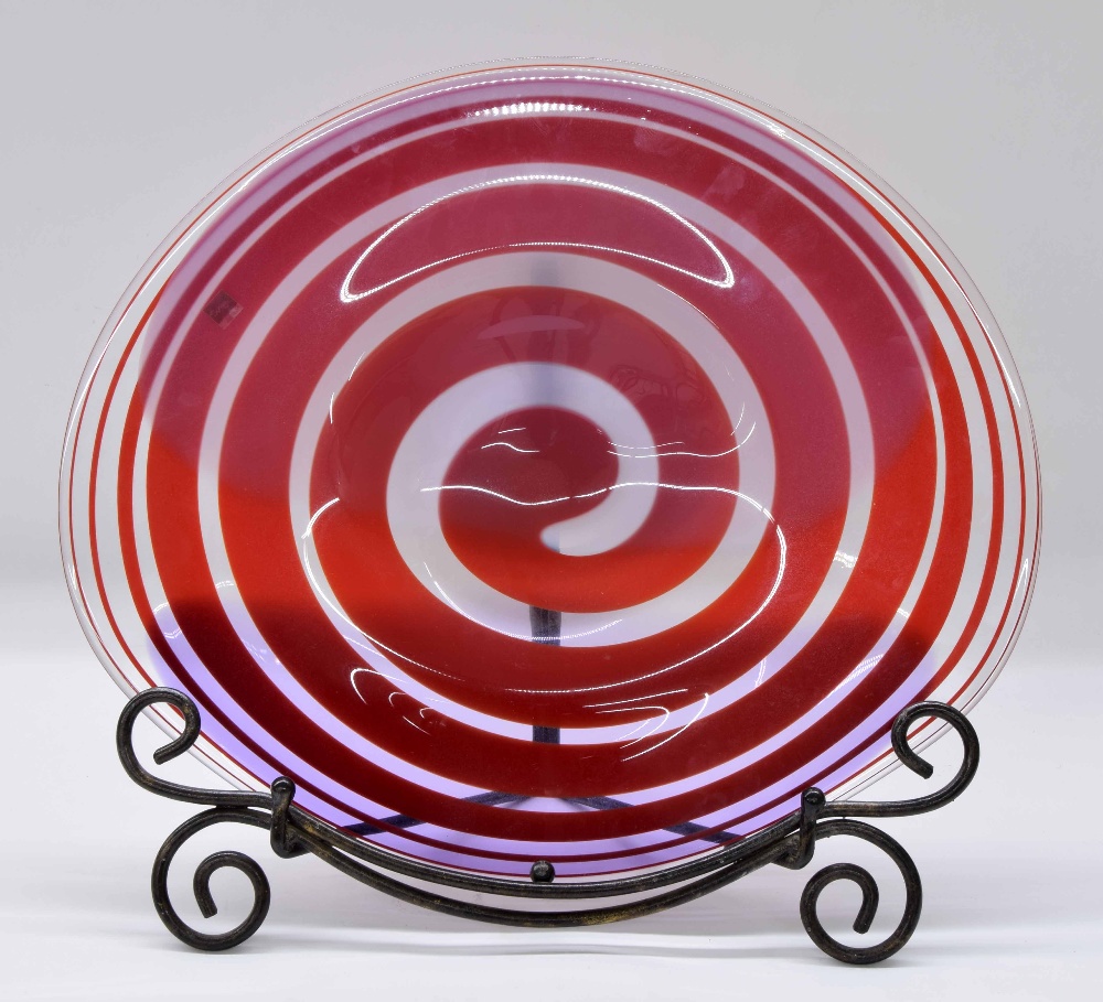 Svaja glass decorative oval platter, with bold red spiral decoration, etched signature 'Giborstis'