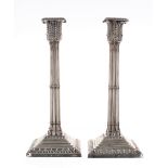 Pair of Victorian Corinthian column silver candlesticks, maker Edward Hutton for William Hutton &