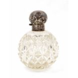 Late Victorian cut glass silver mounted globular scent bottle, with a repousse hinged cover and