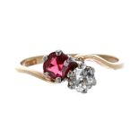 Edwardian 18ct synthetic ruby (doublet) and old-cut diamond cross-over ring, 0.33ct approx, 2gm,