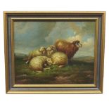 R* Meyer (20th century) - Sheep on a hillside, signed, oil on board, 8" x 10"