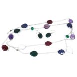 Silver and multi-coloured gemstone necklace, 41" long, with matching ear pendants