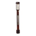 Mahogany bow fronted stick barometer and thermometer, the silvered scale signed J. Irvine, London