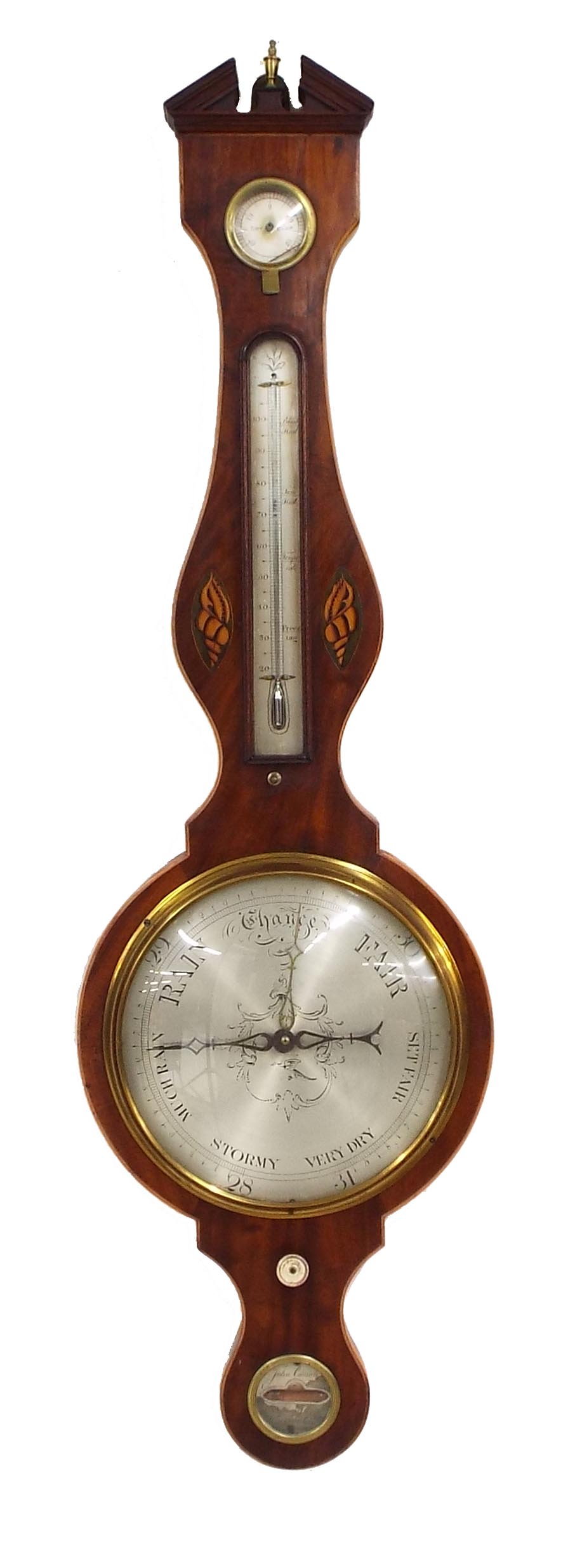 Good mahogany inlaid four glass 10" wheel barometer signed John Comoli, Newcastle, within a shaped