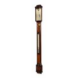 Good mahogany bowfront stick barometer/thermometer, the silvered scale over the trunk inlaid with