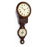 Mahogany 12" single fusee wall dial clock and barometer, the cream clock dial signed Wask, Wakefield