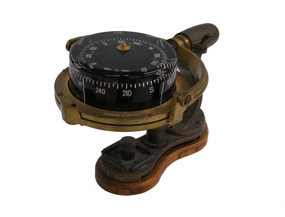 English brass compass signed on the gimbal ring Henry Browne & Son Limited, Barking & London,