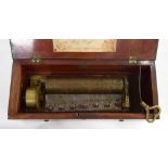 Small early rosewood cased music box by Lepe, with 8" cylinder playing on four airs and with