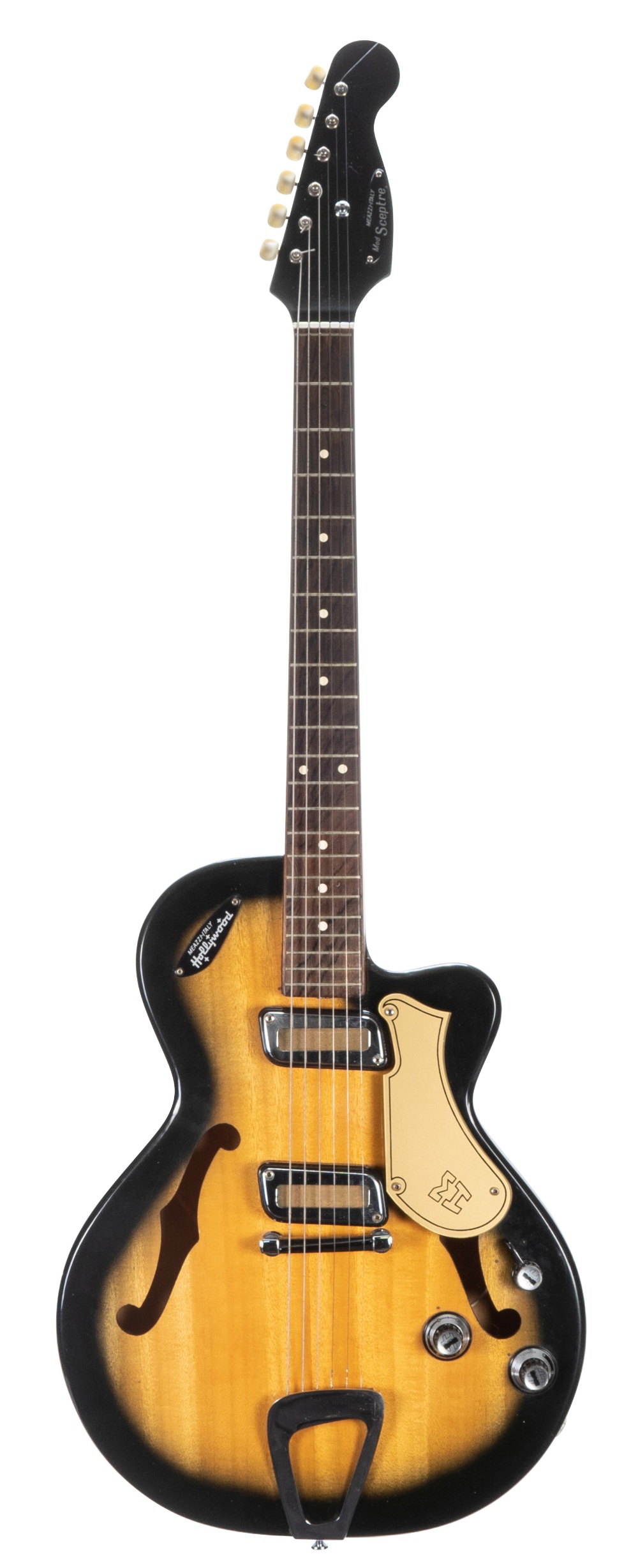 1960s Meazzi Sceptre hollow body electric guitar, made in Italy; Finish: sunburst, a few minor