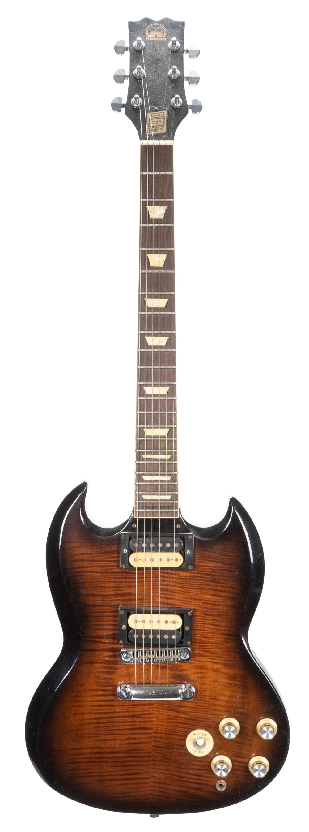 Hondo Deluxe 735 Mark II electric guitar; Finish: two-tone tiger flame burst, various heavy