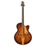 1990s Patrick Eggle prototype electric jazz guitar, made in England; Finish: antique burst, minor