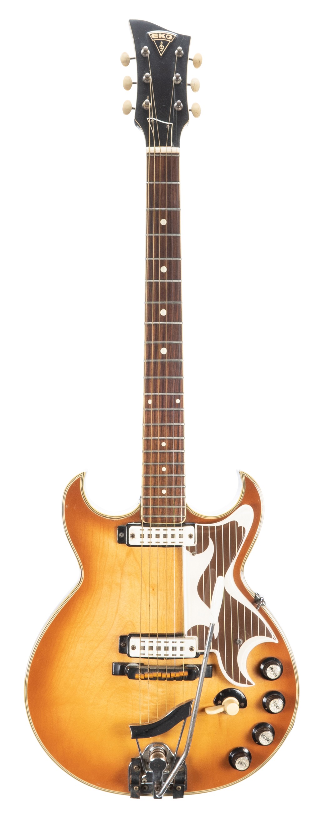 1960s Eko 360/2 Florentine electric guitar, made in Italy; Finish: amber burst, lacquer cracks,