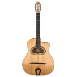 Ninham Gypsy Jazz acoustic guitar; Back and sides: walnut; Top: spruce, minor belly below the