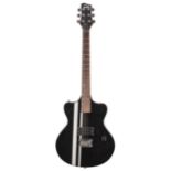 Three electric guitars including a CB Sky single pickup solid body, a Superstrat style guitar with