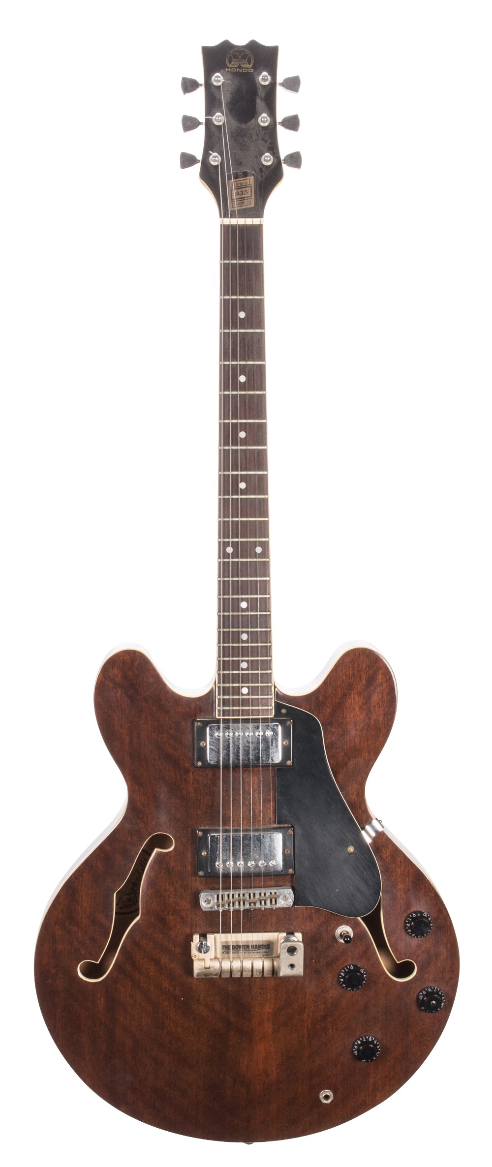 Hondo H935 Deluxe Mark II semi hollow body electric guitar, made in Korea; Finish: walnut, minor