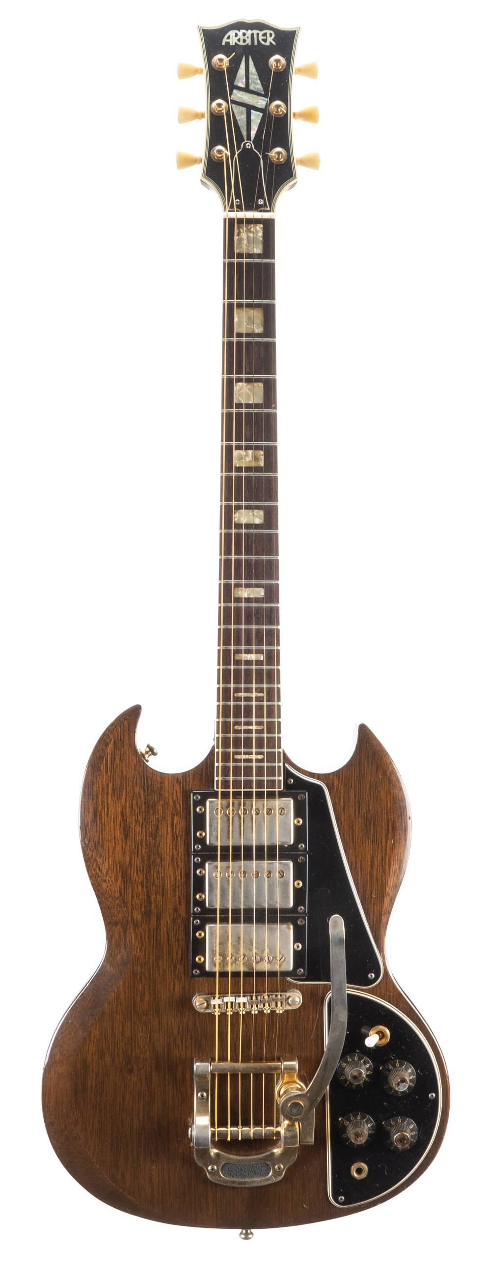 1970s Arbiter E230 electric guitar, made in Japan, ser. no. 1xxxxx4; Finish: walnut, blemishes and