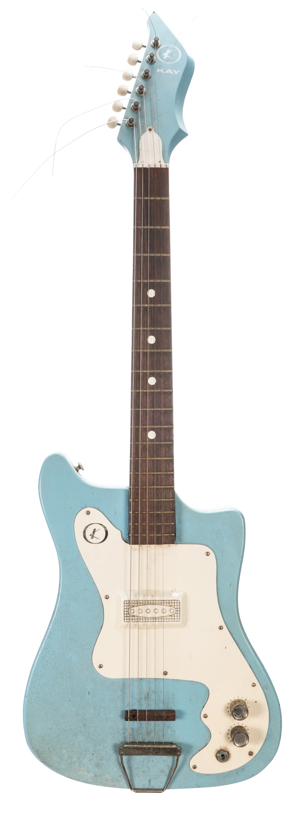 1960s Kay K310 electric guitar in need of attention, Finish: blue, various blemishes and marks;