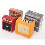 Orange CR3 Crush micro guitar amplifier; together with a Marshall MS-2R red micro guitar
