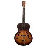 Mid 20th century Kiso Fukushima acoustic archtop guitar, made in Japan; Finish: sunburst, heavy